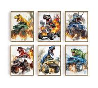 FREEBLOSS 6 Set Unframed Wall Art Prints 12"x16" Ink Painting Canvas Art Posters Dinosaur Riding Truck Abstract Canvas Print Wall Art Paintings for Home Office Room Decor