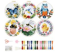 FREEBLOSS 6 Sets Embroidery Kit for Beginners Needlepoint Embroidery Starter Kit with Animals&Wreaths Stamped Patterns, Instructions, Colored Threads, 2 Hoops 20cm/7.9inch
