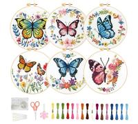 FREEBLOSS 6 Sets Embroidery Kit for Beginners Needlepoint Embroidery Starter Kit with Butterfly&Wreaths Stamped Patterns, Instructions, Colored Threads, 2 Hoops 20cm/7.9inch