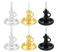 FREEBLOSS 6PCS Dollhouse Miniature Candlesticks 1/12 Scale Vintage Candle Holder Set with Metal Round Base Tiny Candles for Doll House Desk Ornament Fairy Garden Accessories (Gold, Silver, Black)