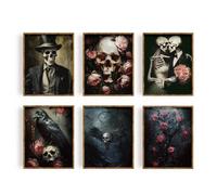 FREEBLOSS 6pcs Gothic Skeleton Floral Wall Art Posters, Unframed, 8x10in/20x25cm, Bedroom, Living Room, Bar