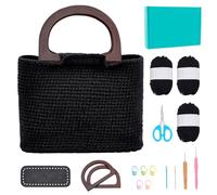 FREEBLOSS Crochet Kit for Beginners Black Crochet Tote Bag with Wood Handles Black Crochet Knitted Bag Crochet Starter Kit with Step-by-Step Video Tutorials Knitting Kit for Gift