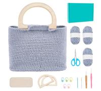 FREEBLOSS Crochet Kit for Beginners Grey Crochet Tote Bag with Wood Handles Crochet Knitted Bag Crochet Starter Kit with Step-by-Step Video Tutorials Knitting Kit for Gift