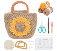FREEBLOSS Crochet Sunflower Bag Set Wood Handle Sunflower Bag Crochet kit for Beginners with Step-by-Step Video Tutorials Crochet Knitted Bag Set for Adults Knitting Kit Knitting Enthusiast