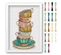 FREEBLOSS Cross Stitch Kits for Beginners Tea Cups Stamped Cross Stitch Patterns Landscapes Cross Stitch Wall Hanging Kit DIY Embroidery Needlepoint Kit Embroidery Kit for Adults 35x50cm