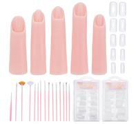 FREEBLOSS Practice Fingers Set for Acrylic Nails Includes 5 Plastic Fingers 200pcs Nail Art Practical Tips and 15 Brushes for Fake Nail Hand Art Trainer Manicure Practice Tool