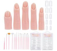 FREEBLOSS Silicone Practice Fingers Set for Acrylic Nails Includes 5 Silicone Fingers 200pcs Nail Art Practical Tips and 15 Brushes for Fake Nail Hand Art Trainer Manicure Practice Tool
