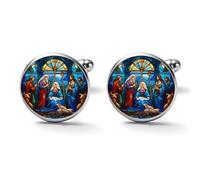 Freecustom Cuff Links Mens Nativity Scene Stained Glass Christmas Cufflinks for Men Christmas Themed Cufflinks Christmas Decor Xmas Holiday Unique Cuff Links And Shirt Studs For Wedding Gift