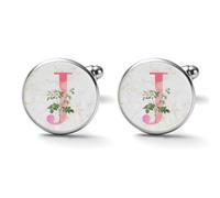 Freecustom Initial Letter J Pink Cuff Links Mens Monogram White Floral Cufflinks Monogram Last Name Mens Cufflinks Letter A-Z Elegant Valentine's Day Wedding Cuff Links Cufflinks