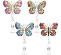 FREEDALE 4 Pack Bling Rhinestone Badge Reels Retractable Name Tag Badge Holder, Handmade Cute Butterfly Designs with Alligator ID Clip for Office Workers Nurses Doctors Teachers Students