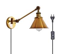 FREEDL Gold Long Arm Wall Light Vintage with Swing Arm Rotatable Industrial Loft Wall Light Indoor Retro with Switch and Cable E27 Plug in Wall Sconce Light for Bedroom Study Deco Metal Wall Lamp (02)