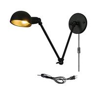 FREEDL Retro Wall Light Black with Adjustable Long Arm, Industrial Wall Lamp Indoor Bedroom Vintage with Plug and Switch, Rustic Deco Wall Lamps for Cafe Bar, Loft Style Lighting Fixtures E27,30+30