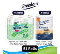 Freedom Aloe 3-Ply Toilet Paper 45 Rolls + Rhino Jumbo Kitchen Towels 6 Rolls