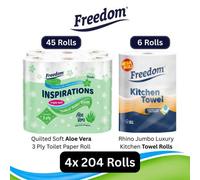 Freedom Aloe Vera 3-Ply 45 Rolls + Rhino Jumbo Kitchen Towels 24 Rolls