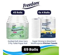 Freedom Aloe Vera 3-Ply 45 Rolls + Rhino Kitchen Paper 24 Rolls