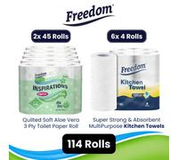 Freedom Aloe Vera 3-Ply 90 Rolls + Rhino Kitchen Paper 24 Rolls