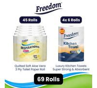 Freedom Lemon 3-Ply 45 Rolls + Rhino Jumbo Kitchen Towels 24 Rolls