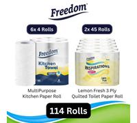 Freedom Lemon 3-Ply 90 Rolls + Rhino Kitchen Paper 24 Rolls