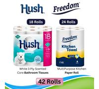 Freedom Rhino Kitchen Paper 24 Rolls + Hush White 3-Ply Toilet Tissues 18 Rolls