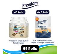 Freedom Shea Butter 3-Ply 45 Rolls + Rhino Jumbo Kitchen Towels 24 Rolls