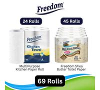 Freedom Shea Butter 3-Ply 45 Rolls + Rhino Kitchen Paper 24 Rolls
