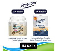 Freedom Shea Butter 3-Ply 90 Rolls + Rhino Jumbo Kitchen Towels 24 Rolls