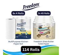 Freedom Shea Butter 3-Ply 90 Rolls + Rhino Kitchen Paper 24 Rolls