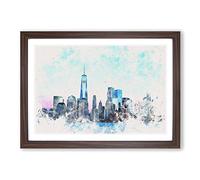 Freedom Tower & New York City Watercolour Framed Print | A2 Walnut Framed Wall Art | Ready to Hang | Modern Cityscape Picture | Living Room Bedroom Lounge Office