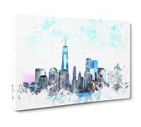 Freedom Tower & New York City Watercolour Modern Canvas Wall Art Print Ready to Hang, Framed Picture for Living Room Bedroom Home Office Décor, 24x16 Inch (60x40 cm)