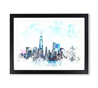 Freedom Tower & New York City Watercolour Modern Framed Print | A2 Black Framed Wall Art | Ready to Hang | Modern Cityscape Picture | Living Room Bedroom Lounge Office