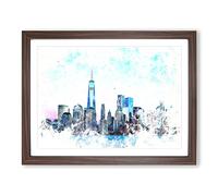 Freedom Tower & New York City Watercolour Modern Framed Print | A2 Walnut Framed Wall Art | Ready to Hang | Modern Cityscape Picture | Living Room Bedroom Lounge Office
