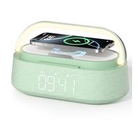 FREEFISH Bluetooth Speaker with Wireless Charger, FM Radio, Adjustable LED Night Light, 15W Wireless Charging for iPhone, 10W Dual Speakers, 2500 mAh Battery, Bluetooth 5.0