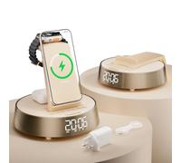 FREEFISH Wireless Charging Station, 25W Fast Wireless Charger, Bluetooth Speaker with Dimmable Night Light, Radio Alarm Clock with Wireless Charging for iPhone and Samsung, Apple Watch, AirPods