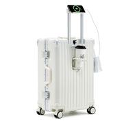 FREEFLY Hard Shell Suitcases Cabin Suitcase Medium Suitcase 4 Wheels Carry on Luggage Lightweight Suitcase with USB Charging Port Folding Cup Holder,White,22in