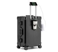 FREEFLY Hard Shell Suitcases Cabin Suitcase Medium Suitcase 4 Wheels Carry on Luggage Lightweight Suitcase with USB Charging Port Folding Cup Holder,Black,24in