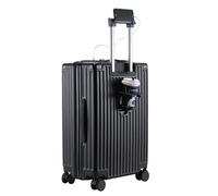 FREEFLY Hard Shell Suitcases Medium Cabin Suitcase Carry on Luggage Medium Suitcase 4 Wheels Lightweight Cabin Size Suitcase with Folding Cup Holder USB Charging Port,Black,22in