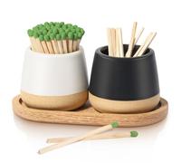 FreeJac Set of 2 Ceramic Match Holder with Striker - Match Container With Wooden Tray Matchstick Holder for Kitchen Bathroom Candle Parlor Modern Home Decor - MATCHES NOT INCLUDED