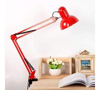 FREELX Desk Clip Light, Reading Light Modern Adjustable Spin Swing Metal Arm with Clamp Study Lamp Button Switch Lighting for Bedroom Study Work Bench Painting Board E27,Red