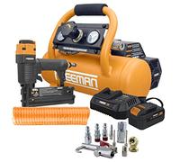 Freeman PE1GCCK 1 Gallon 20V Cordless Air Compressor with 3-in-1 Pneumatic Finish Nailer/Stapler, Battery, Charger, Air Hose, Inflation Accessory Kit and Fasteners (600 Count) - 700 Shots per Charge