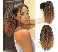 FREEMEIGE Drawstring Curly Ponytail Extension for Black Women 16" Long Wavy Synthetic Ponytail Extension for Women 1B/27