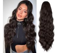 FREEMEIGE Ponytail Extension, 26 Inch Long Wavy Drawstring Ponytail for Women, Dark Brown Pony Tail Hair Extension, Synthetic Hairpiece for Daily Use