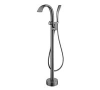 Freending 360° Rotating Bath Mixer Tap, Modern Grey Design, 2 Waterfall Shower Heads, Stylish Floor-Standing Bathroom Faucet for Luxurious Bathing Experience