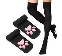 FreeNFond Cat Paw Pad Socks Thigh High Socks Pink Cute 3D Kitten Claw Stockings for Women Girls Cosplay, Black, H