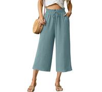 FREEOAK Womens Summer 3/4 Pants Flowy High Waisted Loose Casual Lounge Pant Wide Leg Palazzo Capris Adjustable with Pockets, A - Sea Green, S