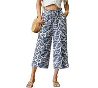 FREEOAK Womens Wide Leg High Waisted with Tie Belt Pockets Summer 2025 Vacation Pants, Leaf - White Palm, XL