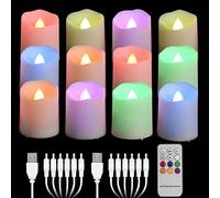 FREEPOWER 12pcs Rechargeable LED Tea Lights Colour Changing with Remote Timer Flickering Dimmable Electric RGB Flameless Candles with USB Cables, Christmas Halloween Home Party Decoration