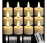 FREEPOWER 12pcs Rechargeable LED Tea Lights Flickering with Remote Control and Timer Dimmable Warm White Flameless Candles with 2 USB Charging Cables, Home Decoration for Halloween Christmas