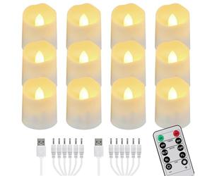 FREEPOWER 12pcs Rechargeable Tea Lights with Remote Control and Timer Warm White Flickering Dimmable Flameless LED Votive Candles with 2 USB Charging Cables, Home Decoration