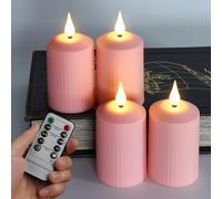 FREEPOWER 4 Pink LED Candles with Timer and Remote Control, Battery Operated Flameless Pillar Candles Warm White Flickering, Advent Decoration, 350+ Hours