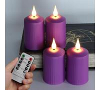 FREEPOWER 4 Purple LED Candles Flickering with Remote Control and Timer - Battery Operated Flameless Pillar Candles Warm White - Advent Decoration, 350+ Hours, Diameter 5x10.5cm